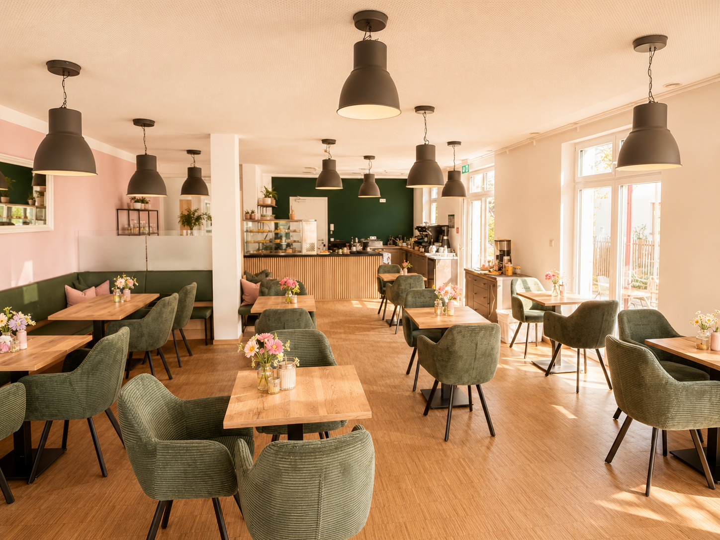 Warmer Café-Innenraum mit Holztischen, grünen Stühlen, Blumen und hellem Tageslicht