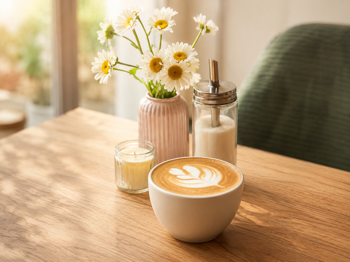Cappuccino mit Latte Art, Blumen, Kerze und Zuckerstreuer auf Holztisch