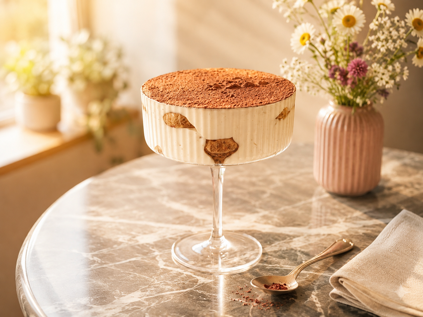 Cremiges Dessert im Glas mit Blumen im Hintergrund