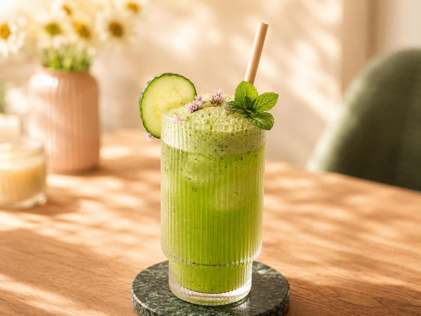 Frischer grüner Drink mit Gurke und Minze auf Holztisch