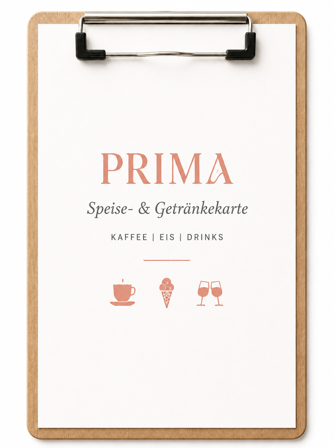 PRIMA Speise- und Getränkekarte auf einem Holz-Klemmbrett