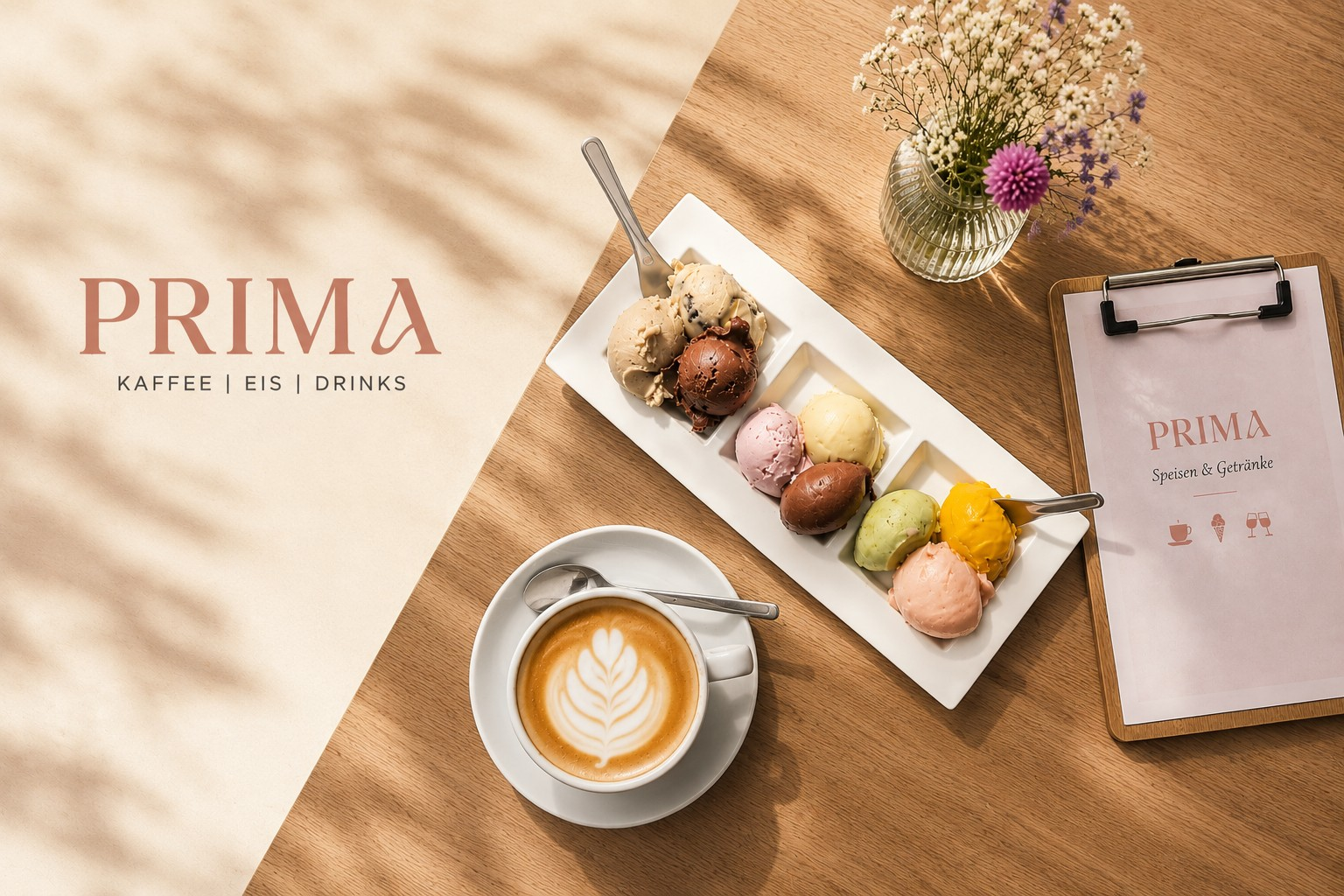 Café PRIMA mit Kaffee, Eis, Blumen und Speisekarte auf einem warmen Holztisch