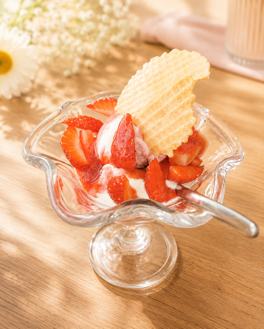 Eisbecher mit Erdbeeren, Waffel und warmem Licht auf einem Holztisch